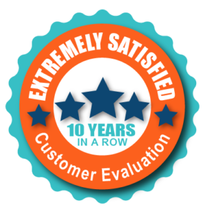 Extremely satisfied customer evaluation for 10 years in a row orange and teal badge