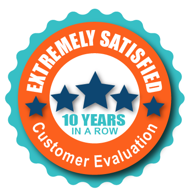 Extremely satisfied customer evaluation for 10 years in a row orange and teal badge