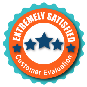 Orange and teal extremely satisfied customer evaluation badge